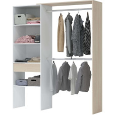 „Habitdesign“, atvira drabužinė su 2 drabužių pakabomis, 4 lentynomis ir 1 stalčiumi – transformuojama atvirų spintų sistema, spalvos: „Artik White“ ir ąžuolo, matmenys: 158 x 187 x 40 cm (plotis x aukštis x gylis), modelis „Dress“