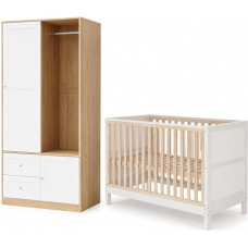 Babyzimmer Möbelset 2-teilig mit Gitterbett 120 × 60 cm und Schiebetür-Kleiderschrank, 3-Fach höhenverstellbar, als Beistellbett und Sofa nutzbar, mit Maltafel, Natur/Weiß