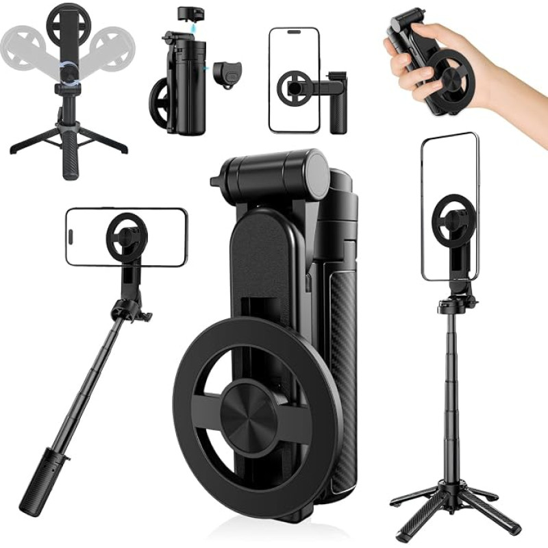 4-in-1 daugiafunkcinis magnetinis „selfie“ lazdos trikojis, 360° pasukamas telefono trikojis su belaidžiu nuotolinio valdymo pultu, tinka „iPhone“ ir „Android“ įrenginiams, telefono laikiklis vaizdo įrašams ir vlogams kurti