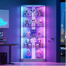 Kampinė vitrina su RGB apšvietimu, 5 sluoksnių stiklinė vitrina su išmaniaisiais jutikliais, 175 cm aukščio vitrina, knygų lentyna, kolekcionierių vitrina ir svetainės ekspozicija | 5 sluoksnių stiklinė vitrina su stiklinėmis durimis, atidaromomis paspaud