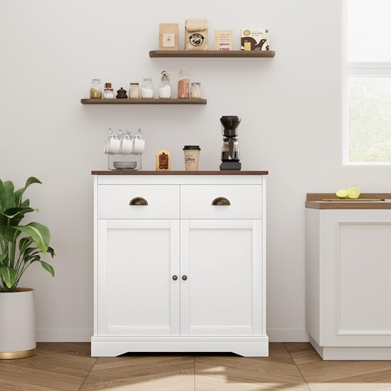 Kitchen Cabinet with Worktop, Sideboard Kitchen with 2 Doors / 2 Drawers, Wooden Storage Cabinet/Buffet Cabinet with Adjustable Shelf for Kitchenette, Living Room and Dining Room, 80 x 40 x 90 cm