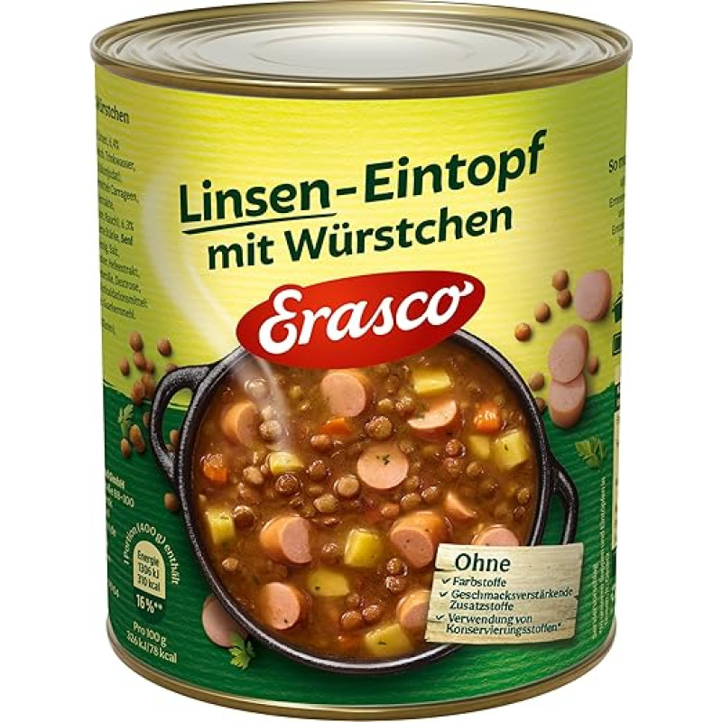 Erasco Linsen-Eintopf mit Würstchen (800g) In rund 5 Minuten fertig – Mit viel Gemüse – Ohne Schnickschnack - einfach lecker