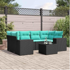 7-teiliges Gartensofa-Set mit Kissen aus schwarzem Polyrattan, modulare Gartenmöbel Garnitur inklusive Tisch mit Glasplatte