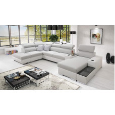 All4All Ponti Corner Sofa with Sleep Function 368 cm x 227 cm - Living Landscape U-Shape - Sofa Bed with Bed Box - XXL Sofa - Large - Fabric with Faux Leather - Right Side - Grey/White - Modern 26