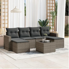 7-TLG. „Poly Rattan“ sofų komplektas su pagalvėlėmis, pilkos spalvos, modulinis dizainas, daiktų laikymo erdvė po sėdimojo paviršiaus, stalviršis iš kieto stiklo, nuimami apmušalai