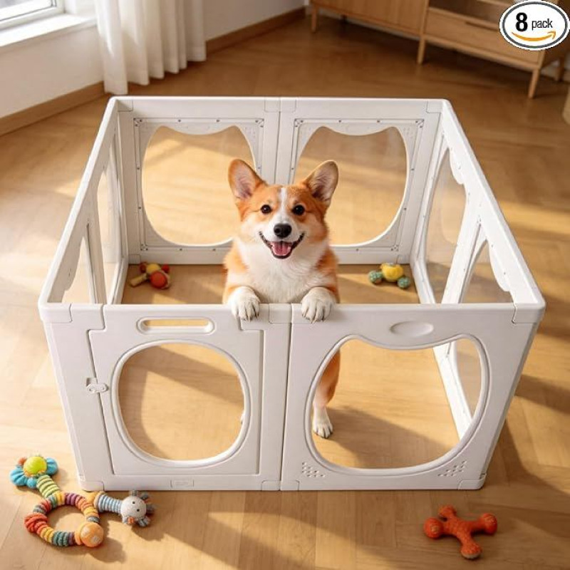 Acrylic Puppy Playpen with Door, 7+1 Acrylic Dog Playpen Indoor, 50 x 60 cm, Transparent Puppy Enclosure, Tool-Free Assembly, Non-Slip Suction Cups, Puppy Playpen for Small Dogs, Puppies and Cats | Welpengehege Transparent, Werkzeuglose Montage, Anti-Ruts