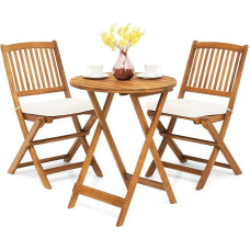 GIANTEX Balcony Furniture Small Balcony, Round Bistro Table with 2 Chairs Foldable, Garden Furniture Set Wood 3 Pieces, Balcony Set Bistro Set Outdoor, Patio Furniture 2 People, Garden Furniture Set with Cushions