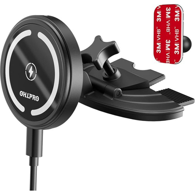 „OHLPRO“ „Magsafe“ mobiliojo telefono laikiklis, automobilinis laikiklis su CD lizdu, magnetinis automobilinis laikiklis su 15 W greituoju įkrovimu, 360° pasukimu ir valdymu viena ranka, „hands-free“ telefono laikiklis, skirtas „iPhone 12–17 Pro Max“ mode