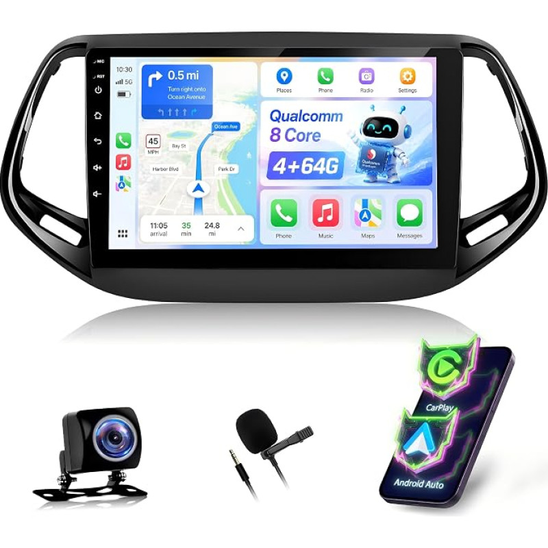 NHOPEEW „Qualcomm“ 8 branduolių 4+64G automobilių radijas, skirtas „Jeep Compass“ (2017–2021 m.) – 10 colių radijas, palaikantis „CarPlay“ ir „Android Auto“, 5G „Wi-Fi“ ir GPS, DSP, 3D ekranas, aušinimo ventiliatorius + atbulinės eigos kamera
