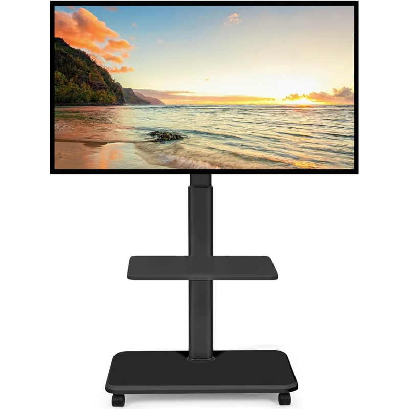 Ratinis TV stovas, skirtas 32–70 colių plokščiesiems ir išlenktiems LED, LCD bei OLED ekranams, kurių svoris neviršija 50 kg; aukščio reguliuojamas mobilus TV vežimėlis su užrakinamais ratais