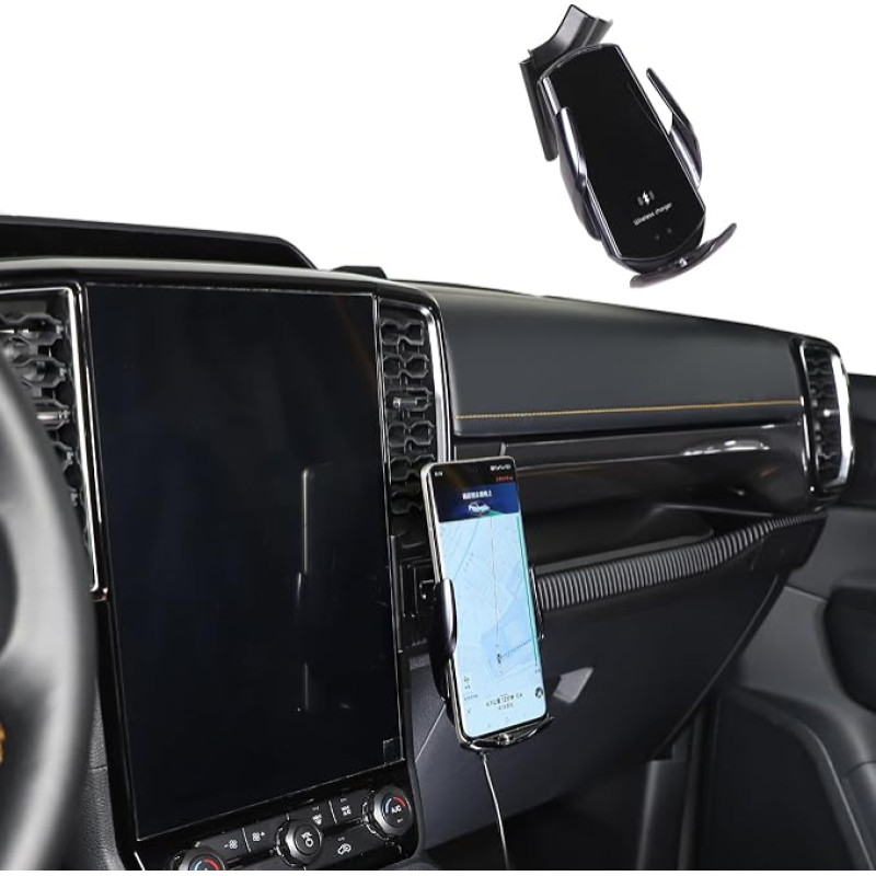 Automobilinis mobiliojo telefono laikiklis, skirtas „Ford Ranger“ 2023–2024 m. modeliams. Dešinėje navigacijos ekrano pusėje esantis pasukamas ir fiksuojamas mobiliojo telefono laikiklis, tinkantis „iPhone“, „Android“ ir universaliems išmaniesiems telefon
