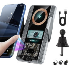 15 W automobilinis mobiliojo telefono laikiklis su įkrovimo funkcija, automatinis fiksavimas, indukcinė įkrovimo stotelė, skirta pritvirtinti prie ventiliacijos angos + siurbtukas, greitasis belaidis įkroviklis, suderinamas su „iPhone 16/15/14/13“, „Galax