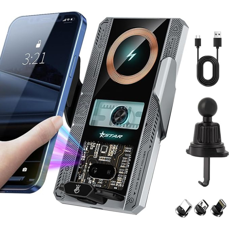 15 W automobilinis mobiliojo telefono laikiklis su įkrovimo funkcija, automatinis fiksavimas, indukcinė įkrovimo stotelė, skirta pritvirtinti prie ventiliacijos angos + siurbtukas, greitasis belaidis įkroviklis, suderinamas su „iPhone 16/15/14/13“, „Galax