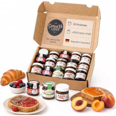 „Genussleben®“ pusryčių rinkinys su uogiene, medumi ir riešutų nuga stiklainiuose, 430 g | 16 stiklainių rinkinys, puiki dovana ir namų šventės proga, idealiai tinka šeimai ar kelionėms, ekologiškas