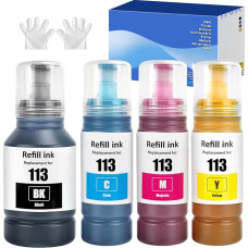 113 Rašalas, suderinamas su „Epson“ 113 rašalo kasetėmis. Rašalas, skirtas „Ecotank“ spausdintuvams ET-5850, ET-16600, ET-5150, ET-5170, ET-5150, ET-16650, ET-15000, ET-5100, ET-5800, ET-5880, ET-1611, 50, 7500 puslapių (4 vnt. paketas: juoda, mėlyna, rau