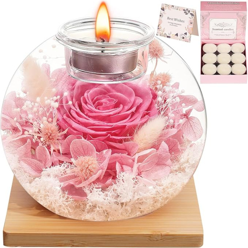 Kalėdinės dovanos moterims, amžina rožė stiklo vazoje su 18 kvapiosiomis žvakėmis – konservuotos gėlės „Infinity Rose“, Kalėdos, Valentino diena, Motinos diena, mylimai žmonai, romantiškas dekoras