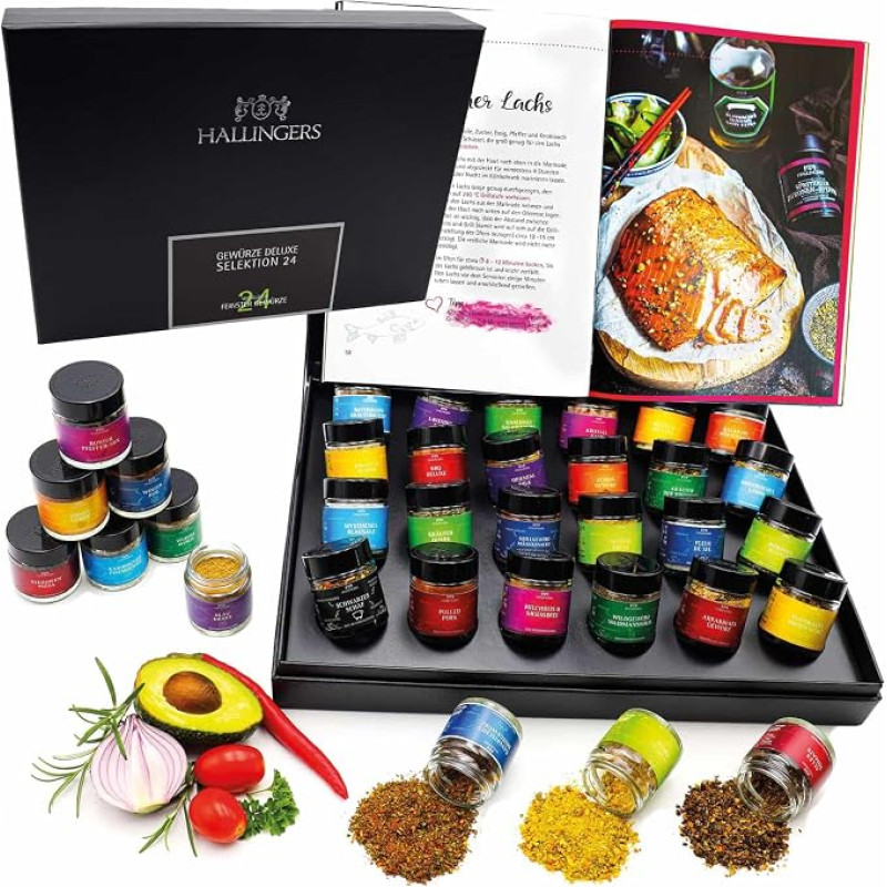 Hallingers Genuss Manufaktur Spice Gift Set - 24 Spices from around the World in High-Quality Gift Box with Recipe Booklet 