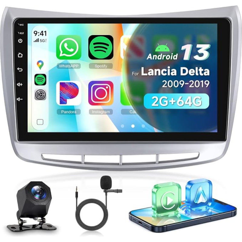 2G 64G „VECHTEL“ 9 colių „Bluetooth“ automobilių radijas, skirtas „Lancia Delta“ (2009–2019 m.) modeliams, su „CarPlay“, „Android Auto“, ekvalaizeriu, „Wi-Fi“, GPS, „MirrorLink“, RDS/FM radiju, 2 DIN dydžio, su AHD atbulinės eigos kamera