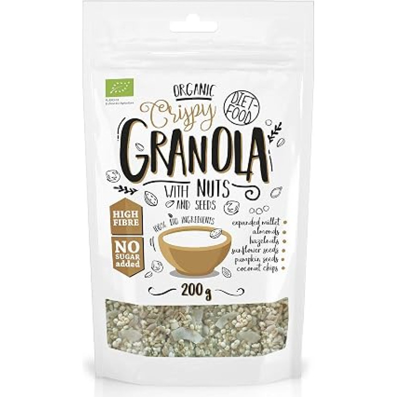 DIET-FOOD Nuts Granola Organic Crispy Cereal with Nuts and Seeds Fibre-Rich Gluten-Free Granola Breakfast Cereal Low Carb Non-GMO Snack without Added Sugar 200 g Pack of 1