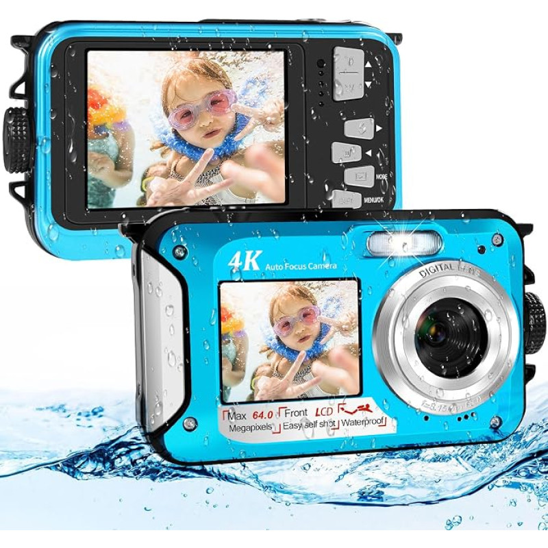 64MP Underwater Camera with 32GB Memory Card, 4K Underwater Camera with Auto Focus & Dual Selfie Screens, 5 Metre Camera Waterproof, Digital Camera Waterproof for Children & Snorkelling (2 Batteries)