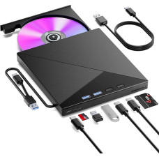 Išorinis DVD įrenginys, USB 3.0 tipo C išorinis DVD įrenginys su SD/TF kortelių skaitytuvu ir USB prievadais, nešiojamas išorinis CD/DVD įrašymo įrenginys, skirtas nešiojamiesiems kompiuteriams, „Windows 11/10/8/7“, „Mac OS“, „Linux“