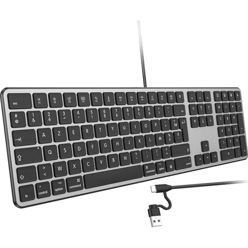 „OMOTON“ laidinė klaviatūra „Mac“ kompiuteriams, klaviatūros laidas su dviem jungtimis (Type-C/USB), AZERTY prancūziškas skaitmeninis klavišų blokas, suderinama su „Apple Mac Pro“/„Mini“, „MacBook Air“/„Neo“, „iMac Pro“, juodos spalvos