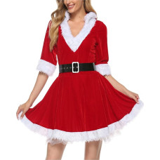 Women Mrs Claus Santa Claus Costume Outfits Christmas Fancy Velvet Hooded Dress Cosplay Theme Party Stage Show Costume with Belt