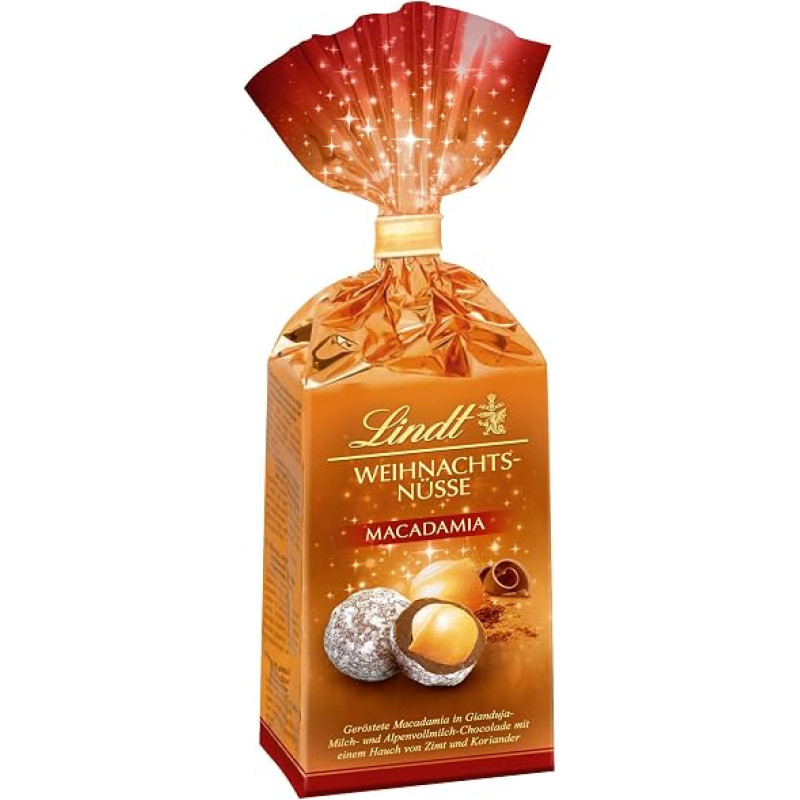 Lindt Chocolate Christmas Nuts Macadamia | 100 g Bag | Delicious Macadamia Nuts in Milk Chocolate | Chocolate Gift for Christmas