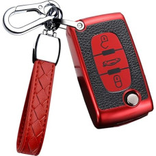 HIBEYO Flip Key Car Key Case Fits Peugeot Key Case for Citroen C1 C2 C3 C4 Berlingo for Peugeot 307 207 407 308 Remote Control Key Box TPU Leather Texture 3-Button Red