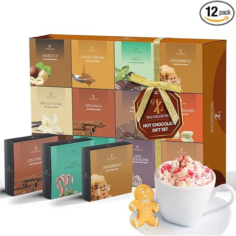 Hot Chocolate Gift Set, Cocoa Gift Set, Mini Drinking Chocolate, Various Flavours, Includes Roasted Marshmallow Hazelnuts, Gingerbread, Luxurious Christmas Gifts (Package de 12)