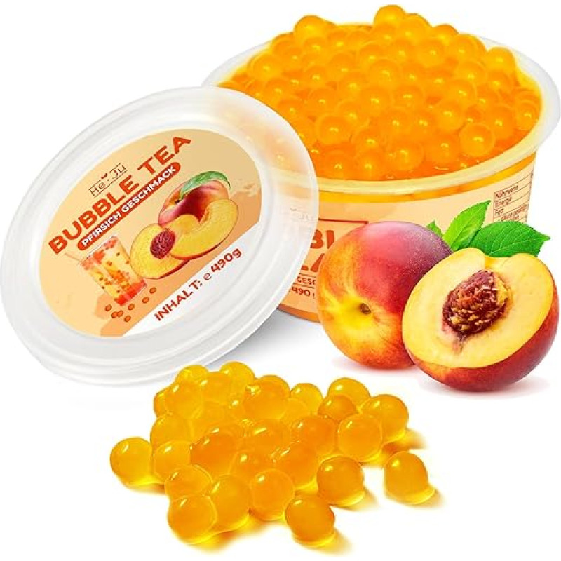 He-Ju Bubble Tea Beads Peach 490 g Vegan, Gluten Free, Gelatine Free, Boba Fruit Pearls Peach