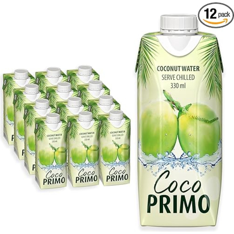 Coco Primo Coconut Water, Pure, Refreshing Sports Drink, Soothing Thirst Quencher, Small and Handy, Low Calorie, Vegan, 12 x 330 ml