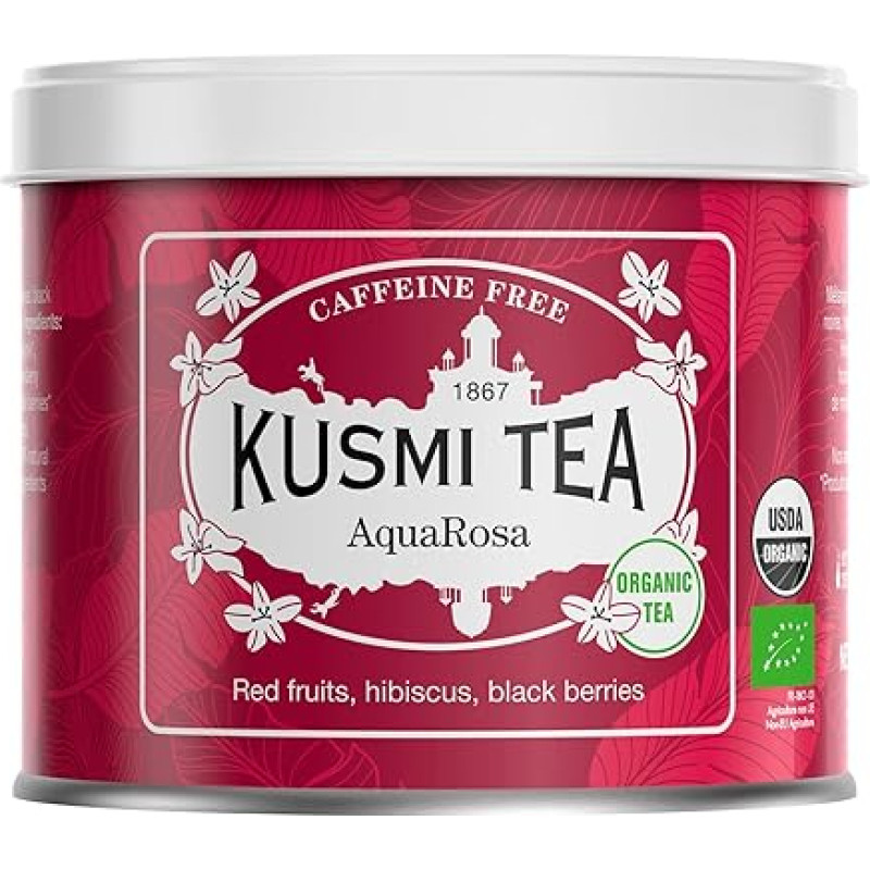 Kusmi Tea - AquaRosa - Organic Fruit Tea with Hibiscus, Black Berries and Red Fruits - Caffeine-free Hibiscus Tea - Hot or as Iced Tea - Loose Tea - 100 g Metal Tin - Quantity for about 50 Cups