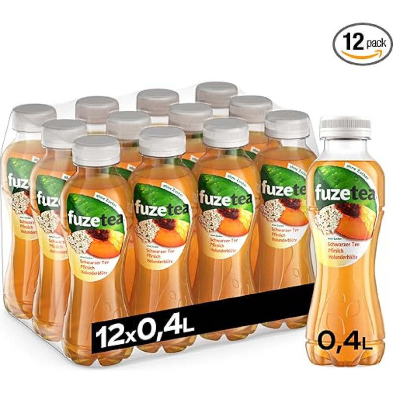 Fuze Tea Black Tea Peach Elderflower - Refreshing Fusion of Tea, Juice and Herbs from Peach and Elderflower - No Sugar and No Calories - Disposable Bottles (12 x 400 ml)