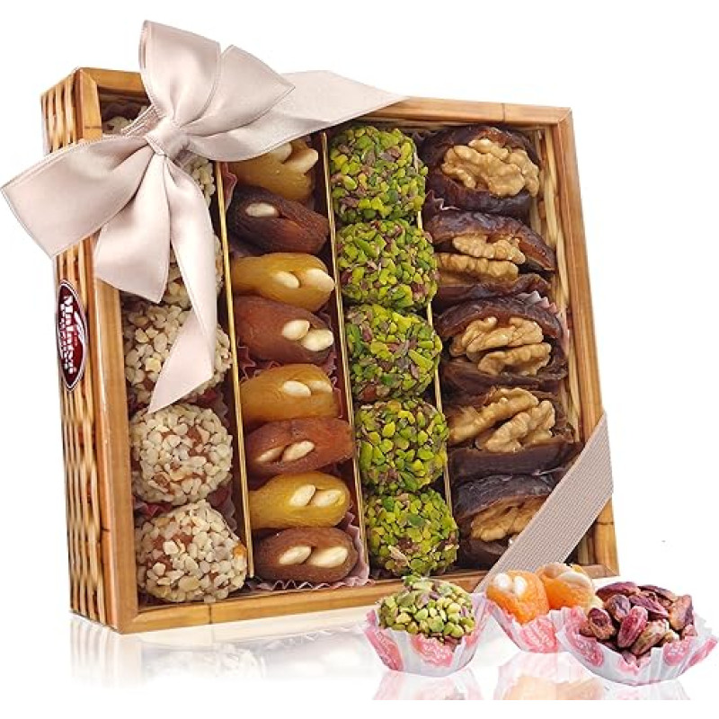 Sveikų užkandžių mišinio dovanų krepšelis, veganiškų saldumynų mišinys, be glitimo, džiovinti abrikosai, pistacijos, migdolai, figos su graikiniais riešutais, datulės, džiovinti vaisiai, dovanų rinkinys (500 g (su datulėmis))