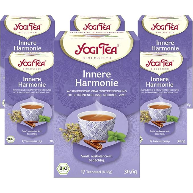 YOGI TEA, Inner Harmony, Ayurvedic Organic Spice and Herbal Tea, Blend of Melissa, Rooibos and Cinnamon, Yogi Tea Pack of 6, 6 x 17 Bags (102 Tea Bags in Total), Ideal as a Gift