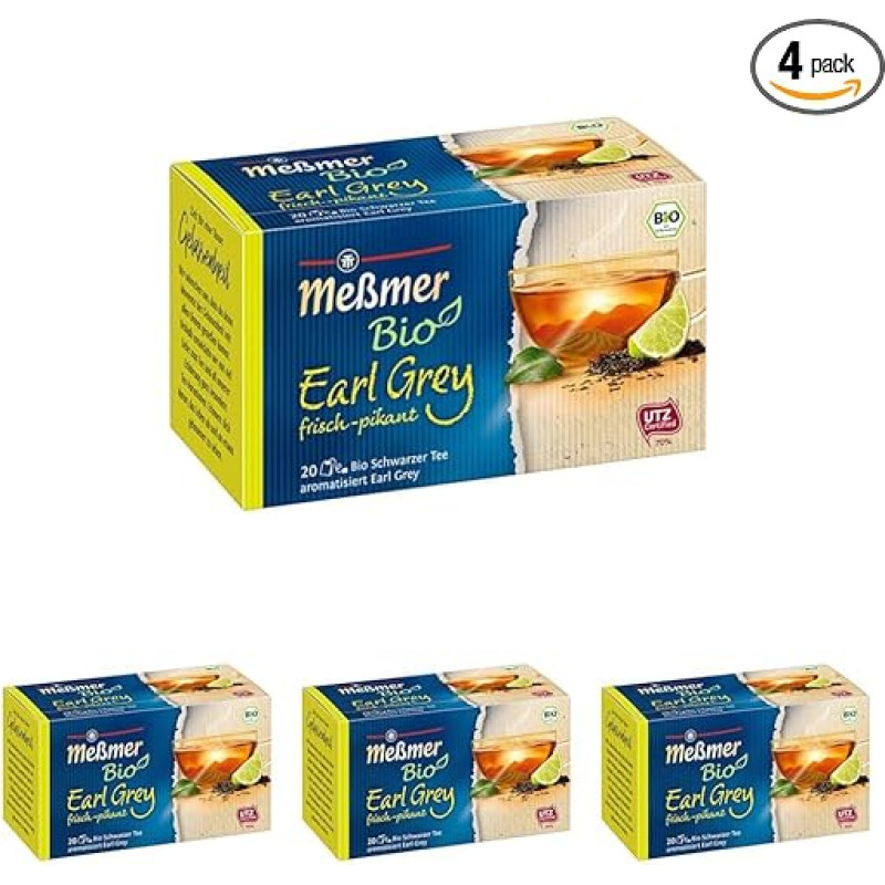 Meßmer Bio Earl Grey (aromatisiert) | frisch-pikant | 20 Teebeutel | Vegan | Glutenfrei | Laktosefrei (Packung mit 4)