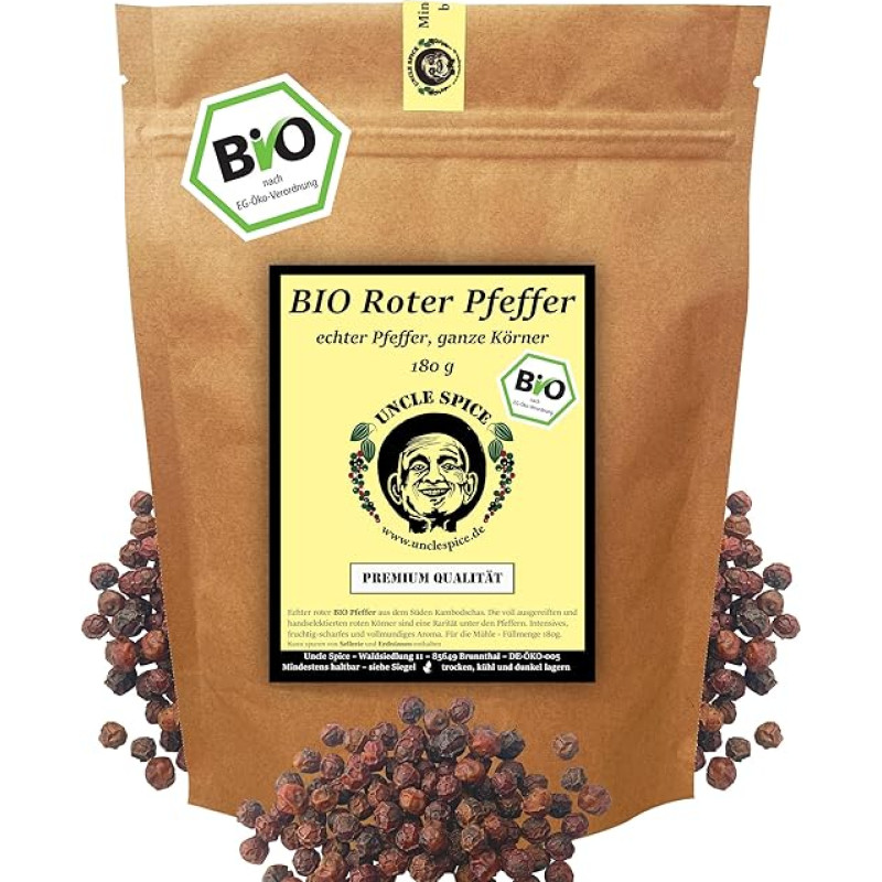 UNCLE SPICE® DE-ÖKO-005 Ekologiški raudonieji pipirai, 180 g, tikri ekologiški pipirai, aukščiausios kokybės, visos saulėje džiovintos ekologiškos pipirų uogos, su meile surinktos Kambodžoje, raudonieji pipirai, raudonieji pipirai