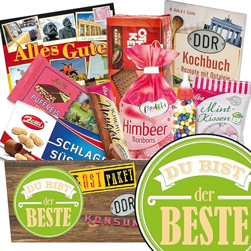 Du bist der Beste ONostalgija Dovanų rinkinys DDR saldainių dėžutė su šokoladiniu ryžių šokoladu, meilės perlų buteliuku, Othello sausainiais 
