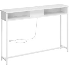 VASAGLE Konsolinis staliukas su kištukiniais lizdais, šoninis staliukas su 2 skyriais, plonas, 25 x 120 x 81 cm, taupantis vietą, skirtas prieškambariui, svetainei, sniego baltumo LNT111W01