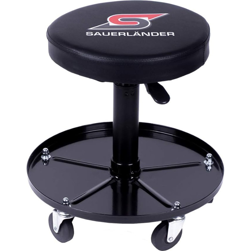Sauerländer Workshop Stool with 5 Wheels - Workshop Chair, Workshop Seat, Height Adjustable & Rotatable, Rolling Stool for Workshop, Shelf for Tools & Screws, Swivel Stool, Work Stool