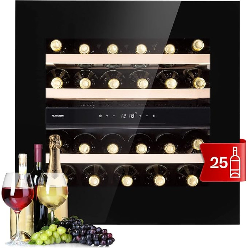 Klarstein Built-in Wine Fridge, Small Drinks Refrigerator, Narrow, 2 Zone Wine Fridge with Glass Door, Indoor/Outdoor Berry Safe, Fridge Small with LED Lights, 5-20°C, 25 Bottles