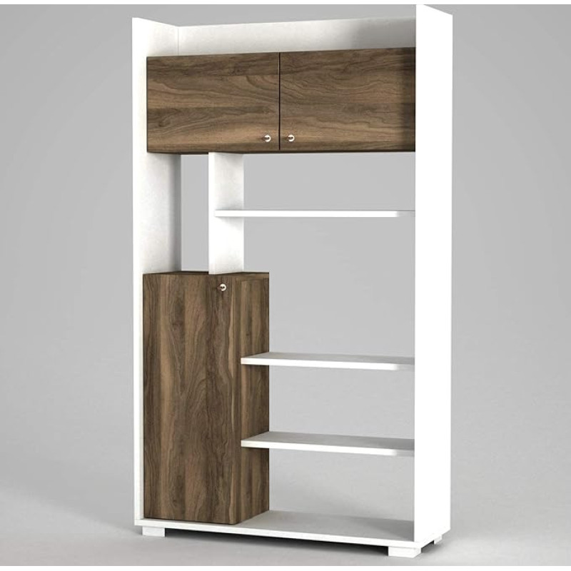 moebel17 Punto knygų spinta 4449 Sandėliavimo lentyna Medinė lentyna Kambarių pertvara Baltai ruda su 3 durimis 9 lentynomis 90 x 155,5 x 29,5 cm