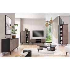 Namų baldų komplektas Grafitinės ir rudos spalvos 5 dalių svetainės sieninė spinta | 1 šoninė spinta, 1 aukštoji spinta, 1 žemoji spinta, 1 vitrina, 1 kavos staliukas