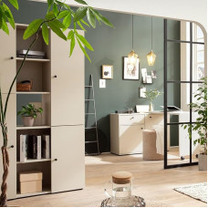 Pradžia Baldų komplektas Šiuolaikinis lentynų komplektas, 2 sudedamos komodos su integruotu rašomuoju stalu Kreminės smėlio spalvos