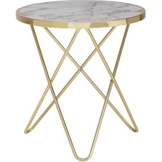 Wohnling Designer Side Table Marble Look White Round Diameter 55 cm Gold Metal Frame Small Living Room Table Coffee Table