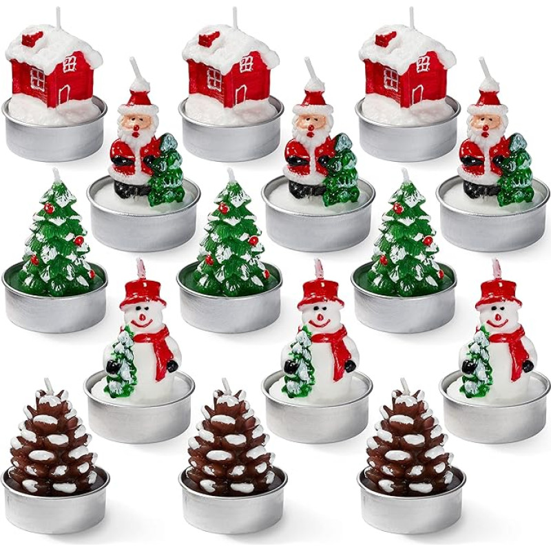 THE TWIDDLERS 15 Mini Christmas Tea Lights Candles Unscented, 5 Designs, 5 x 4 cm - Christmas Table Decoration