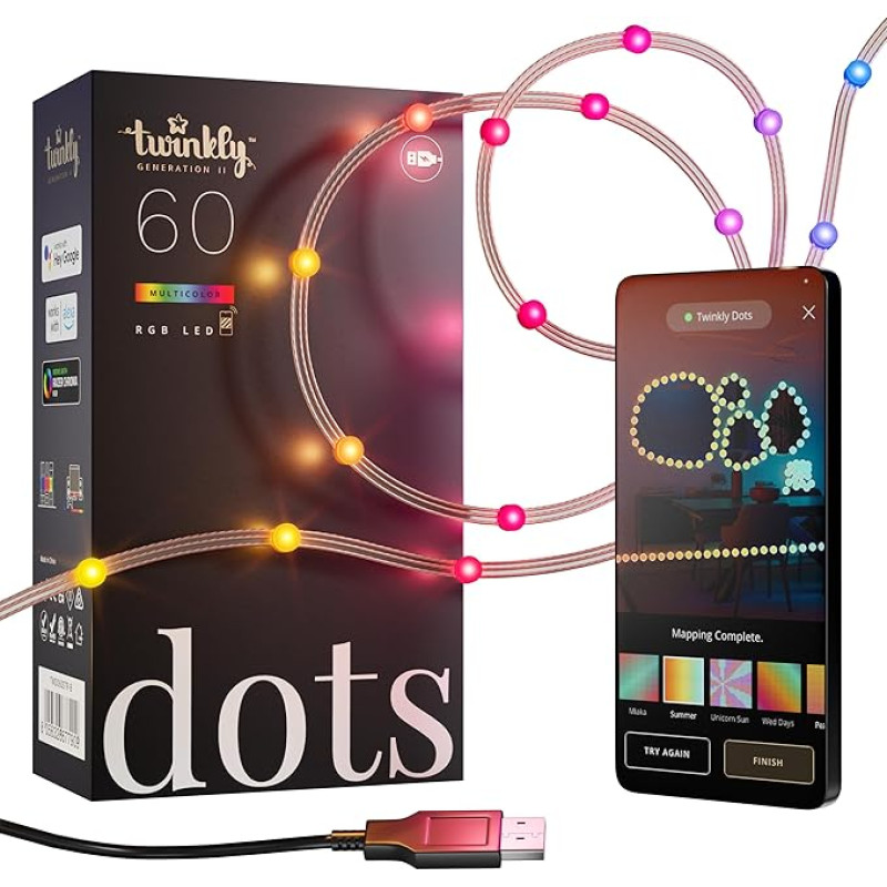 Twinkly Dots TWD060STP-T App Controlled LED String Lights with 60 RGB (16 Million Colors) LEDs. 3 Meters. Transparent Wire. USB Powered. Indoor Smart Home Decoration Light