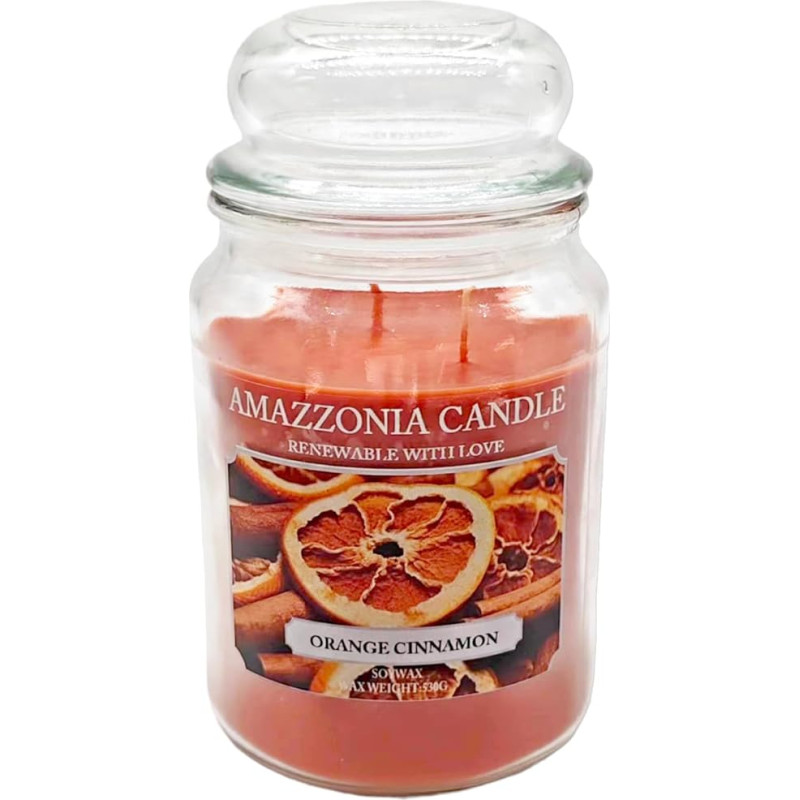 Amazzonia Candle Orange Cinnamon 530g Natural Scented Candle Soy Wax Scented Candle for the Environment, Decorative White Candle, Glass Jara