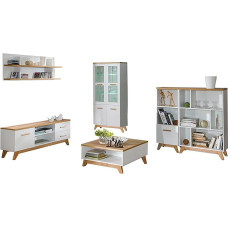 Mirjan24 Living Room Complete Sven V, Display Cabinet, TV Lowboard, Two Shelves, Coffee Table, Wall Shelf, Living Room Set in Scandinavian Style (Andersen Pine/Nash Oak, with LED Lighting)